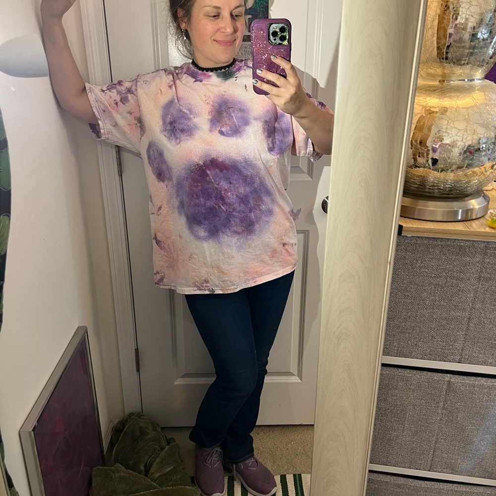 CLEMSON TIE DYE ART TO WEAR T TEE SHIRT TOP ORANGE PURPLE 🐾 PAW PRINTS L LARGE